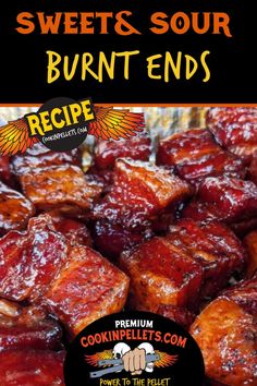 sweet and sour burnt ends recipe with text overlay