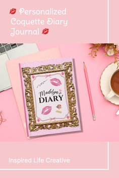 the personalized coquette diary journal is displayed next to a cup of coffee and notebook