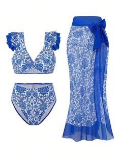 Azul e Branco  Collar   Bloco de cores,Estampa total  Embellished Elasticidade alta Blue And, Print Swimwear, Beachwear For Women, White Collar, All Over Print, Women Clothing, Color Blocking, Blue And White