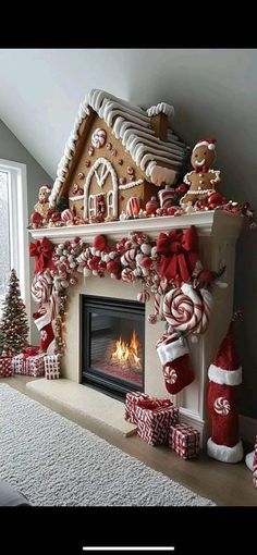 a fireplace decorated for christmas with gingerbreads and candy canes