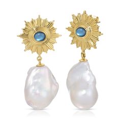 Indulge in the celestial allure of the evening sky and exude grace wherever you venture with our baroque pearl drop earrings. Adorned with exquisite blue mother of pearl for an ethereal radiance. 14k gold plated brass Genuine Baroque Pearls (each pearl is unique and we try to match them in a pair, but please note no 2 are exactly alike adding to the natural beauty) Mother of Pearl Earrings are roughly 1 5/8 inches (42mm) long Questions about Shipping & Returns? Blue Gemstone Luxury Pearl Earrings, Luxury Blue Gemstone Pearl Earrings, Blue Luxury Pearl Earrings With Gemstone, Luxury Blue Pearl Jewelry, Luxury Blue Pearl Drop Earrings, Luxury Blue Pearl Drop Jewelry, Luxury Blue Jewelry With Pearl Drop, Blue Baroque Pearl Jewelry With Pearl Drop, Blue Pearl Earrings With Pearl Charm