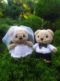 two crocheted teddy bears dressed in wedding attire