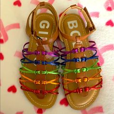 Never Been Worn Ready To Ship Multi Color Fun Shoe Cute Purple Open Toe Sandals, Playful Multicolor Flat Sandals, Cute Purple Sandals For Spring, Cute Multicolor Beach Sandals, Cute Adjustable Multicolor Sandals, Cute Multicolor Flat Sandals, Girls Sandals, Orange And Purple, Nice Shoes