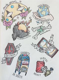 a drawing of various things that are on paper