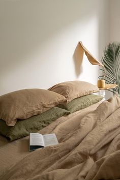 a bed with two pillows and a book on it