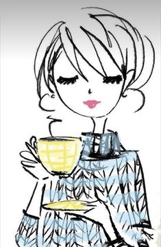 a drawing of a woman holding a coffee cup