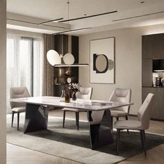 an elegant dining room with white chairs and marble table