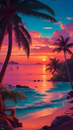 a painting of palm trees and the ocean at sunset