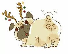 a drawing of a pug with reindeer antlers on its head and nose, sitting down