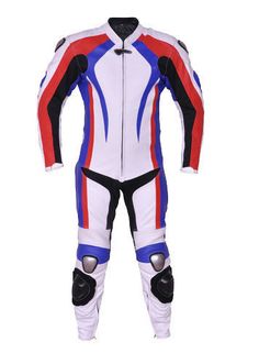 a red, white and blue motorcycle suit