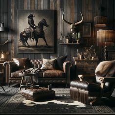 a living room with leather furniture and cow skin rugs on the floor in front of a wooden paneled wall