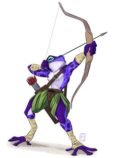 a drawing of a frog with a bow and arrow in his hand, ready to shoot