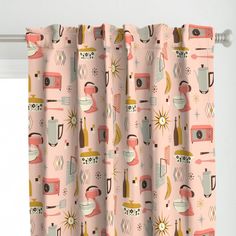 a pink curtain with coffee cups and kettles on it