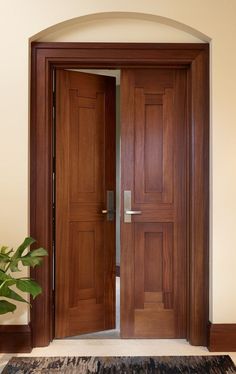 an open wooden door with a plant in the corner