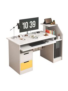 an office desk with a computer on it and a sign reading'1039 '