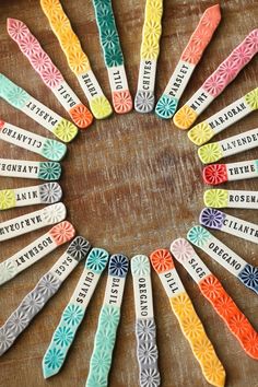 several different colored toothbrushes arranged in a circle on a wooden surface with the words,