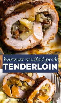 the stuffed pork tenderloin is cut in half and ready to be eaten