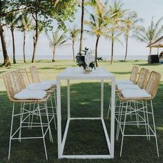 a table and chairs set up in the grass with palm trees behind them on a sunny day