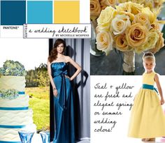 a collage of photos with yellow and blue wedding colors, including roses in vases