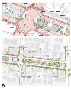 two maps showing the various areas in which there are different buildings and streets, including one with