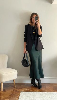 Longer length Satin Slip Skirt - Scarab Green – The Cotswold Shed Formal Long Skirt Outfit, Long Skirt Business Casual, Satin Skirt Outfit Work, Navy Slip Skirt Outfit, Satin Skirt Winter Outfit, Maxi Satin Skirt Outfit, Slip Skirt Outfit Winter, Business Casual Skirt Outfits, Satin Slip Skirt Outfit