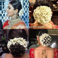 the back of a woman's head with flowers in her hair and jewelry on it