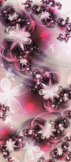 an abstract background with flowers and swirls in shades of pink, white and purple