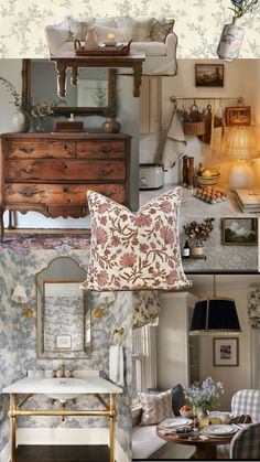 a collage of photos with furniture and flowers on them, including a bed, dresser, mirror, lamp, table