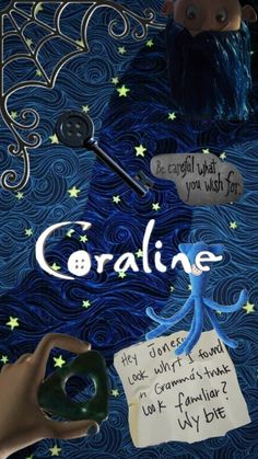 a poster with some writing on it that says coraline and an octopus holding a spatula