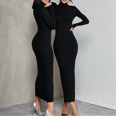 Color:Black Size:M Trends:Body Vibe Season:Winterautumnspring Boot Shaft Length:Seductivegraceful Detail:Null Waistline:High Risesmart Waist Sleeve:Long Sleeve Collar:Mock Neck Material:Terylenespandexribbedrib Fitting:Slim Elements:Pullovereasy-Handlingsolid Colorpure Color Winter Turtleneck, Long Bodycon Dress, Black Sweater Dress, Bodycon Maxi Dresses, Long Dress Casual, High Neck Long Sleeve, Black Bodycon Dress, Looks Chic, Slim Dresses