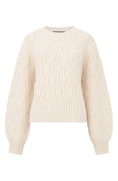 "Find FRENCH CONNECTION Layon Jini Cable Crewneck Sweater on Editorialist. Ropy cables lend deep texture and a contemporary look to a crewneck sweater framed by balloon sleeves. 21 1/2\" length (size 6) Crewneck Long sleeves Ribbed cuffs and hem 57% acrylic, 43% polyester Machine wash, line dry Imported" Floral Dress Wedding Guest, Denim Shirt With Jeans, Mens Workwear, Floral Shirt Dress, Suits For Sale, Short Coat Jackets, Denim Jeans Men, Mens Chinos, Work Wear Women