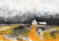 an abstract painting of a house in the distance with yellow grass and trees around it