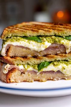 a grilled sandwich with meat, cheese and green sauce on it sitting on a plate