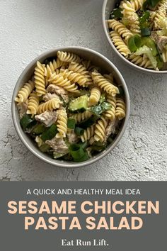 two bowls filled with pasta and vegetables on top of a table