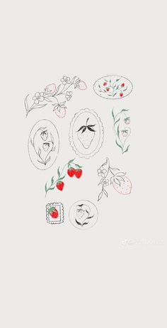 the drawing shows different types of fruit and vegetables on white paper, including strawberries