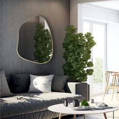 a living room filled with furniture and a plant hanging from the wall over a coffee table