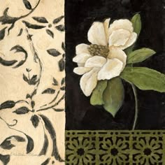 a painting of a white flower on a black and beige background with intricate designs around it