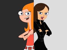 two cartoon characters standing next to each other in front of a black wall and one has orange hair