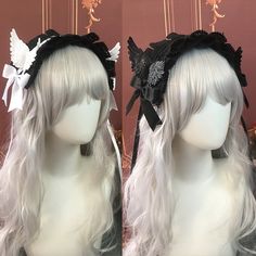 Elevate your Lolita fashion game with this exquisite Vintage Gothic Lolita Bowknots Hairband, adorned with ethereal angel wings. Available in two striking color combinations—White & Black, and classic Black—this hairband is the perfect finishing touch for your Gothic Lolita ensemble. Black Harajuku Headband For Party, Headband For Costume Party, White Harajuku Headband For Party, Black Harajuku Style Party Headband, Black Harajuku Style Headband For Party, White Harajuku Style Party Headband, Adjustable Black Harajuku Headband, Black Headband For Cosplay, Black Fantasy Cosplay Headband