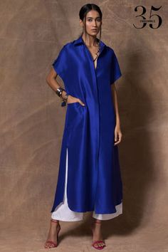 Buy Electric blue mimosa dress with a Moulin shirt -Designer Wear - Ensemble Blue Mimosa, Modern Indian Fashion, Thick Choker, Silk Kurtas, Royal Blue Shirt, Royal Blue Shirts, Function Dresses, Silk Tops, Blue Silk Dress