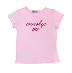 worship me graphic in pink Cap sleeves are individually cut and sewn in Los Angeles ethically! 95% cotton 5% spandex Please allow 2-4 days for for your order to ship as each item is made to order! Size chart on the slides, please use accordingly Baggy Pink Shirt, Girly Graphic Tees, Cute Clothing Items, Baby Tee With Words, All Pink Outfit Ideas, Pink Clothing Aesthetic, Pink Wishlist, Pink Baby Tee, Pink Graphic Tee