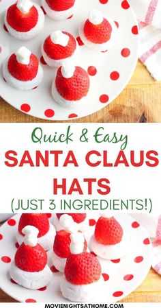 santa claus hats made out of marshmallows on a plate with text overlay