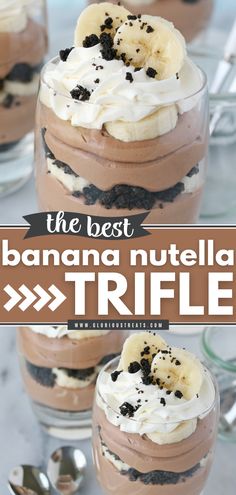 Banana Nutella Trifle Banana Oreo Dessert, Best Individual Desserts, Nutella Trifle, Dessert In A Glass Ideas, Layered Deserts In Glasses, Nutella Parfait, Chocolate Banana Trifle, Dessert Parfait Cups, Fancy Easy Desserts