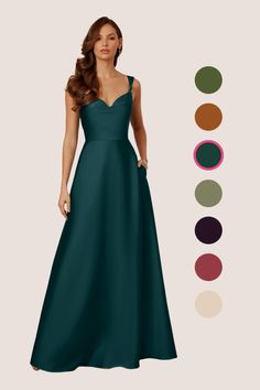 a woman in a long green dress standing next to different color swatches and colors