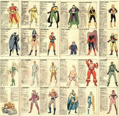 an old comic book with many different types of superheros and their names on it