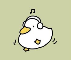 a cartoon duck with headphones and music notes on its ear, sitting in front of a green background