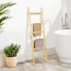 a ladder leaning up against a wall next to a bathtub and potted plant