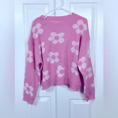 Shein Oversized Floral Sweater, Pink, Size L, Never Worn Cute Oversized Sweater For Spring, White Floral Print Sweater For Spring, Cheap Fun Pink Sweater, Cheap Pink Graphic Print Sweater, Oversized Pink Fleece Sweater, Oversized Floral Print Sweater, Kawaii Sweater Pink, Oversized Pink Playful Sweater, Floral Sweater