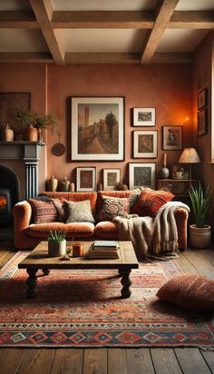 a living room filled with lots of furniture and pictures on the wall above it's fireplace