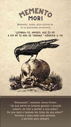 a poster with an image of a bird sitting on top of a human skull and the words mementoo mori written in spanish